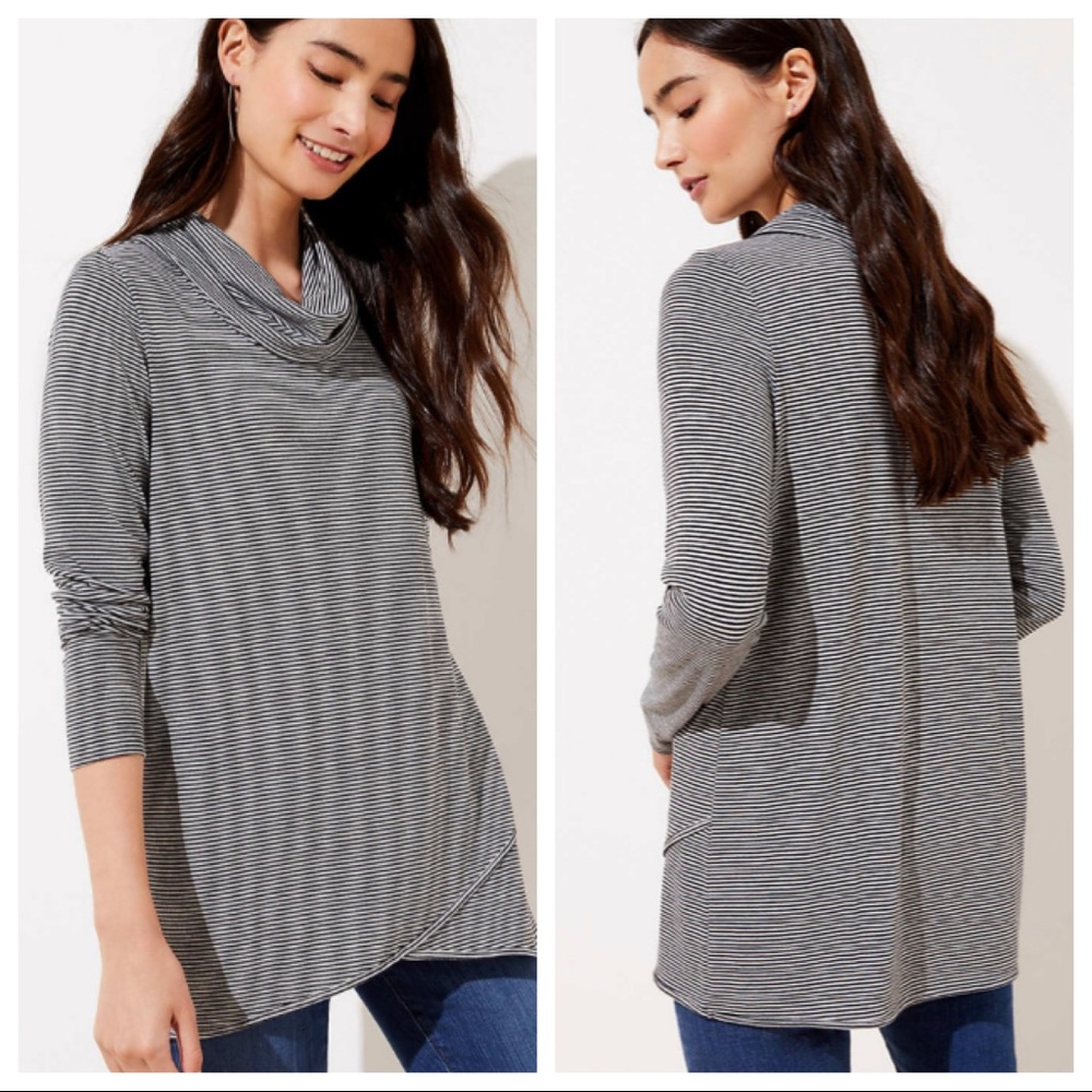 Striped Crossover Hem Cowl Neck Top